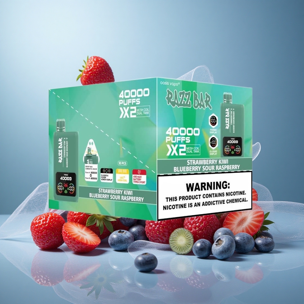 Mansikka-Kiivi & Mustikka-Hapanvadelma Razz Bar 40000 Puffs Näyttö & Type-C Portti