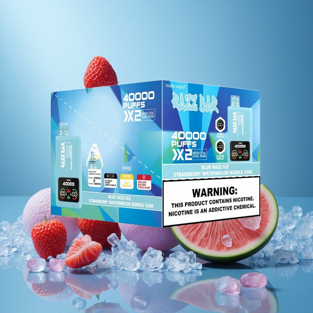 Sininen Vadelma-Jää Mansikka-Vesimeloni Purukumi Razz Bar 40000 Puffs Näyttöteho Tyypin-C Portti