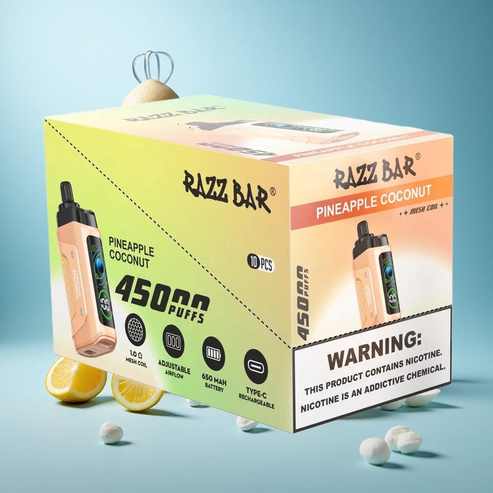 Ananas-Kookos Razz Bar 45000 Puffs Säädettävä Ilmanvirtaus