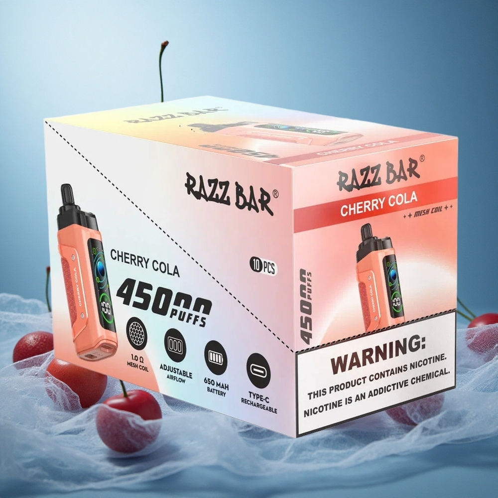 Kirsikka-Kola Razz Bar 45000 Puffs Säädettävä Ilmanvirta 1.0 Ohm Mesh Käämi