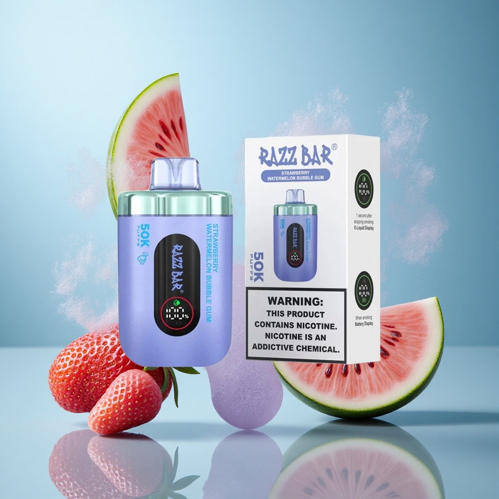 Mansikka-Vesimeloni-Kuplakumi Razz Bar 50K Puffs Ladattava 650 mAh Akku