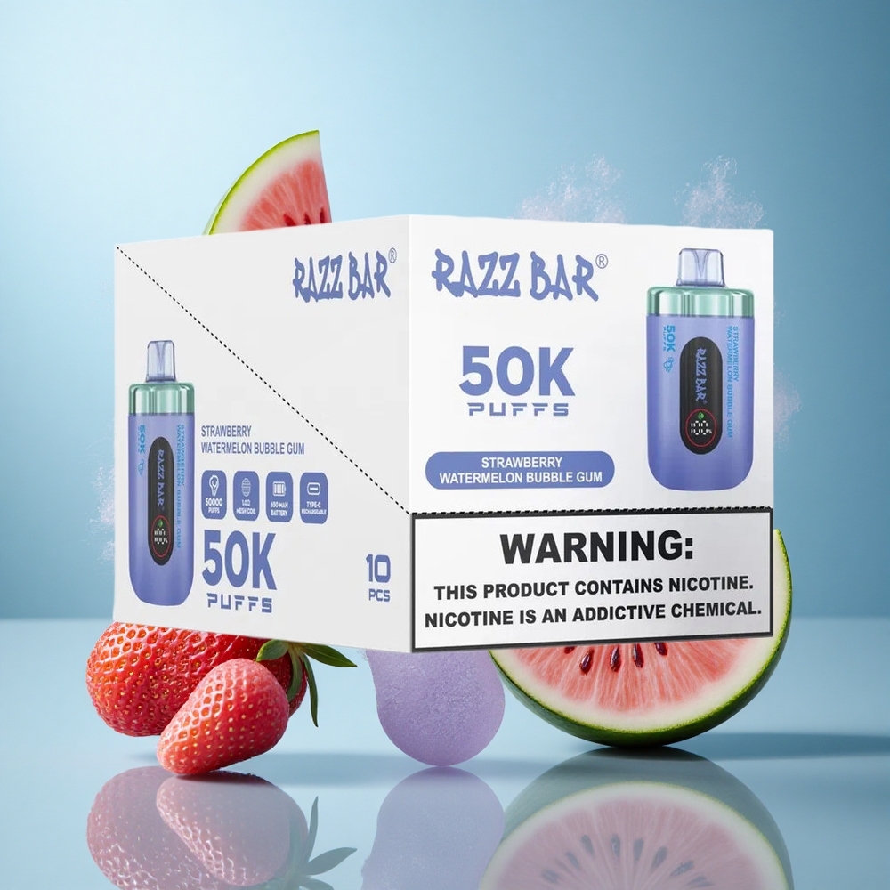 Mansikka-Vesimeloni-Kuplakumi Razz Bar 50K Puffs Ladattava 650 mAh Akku