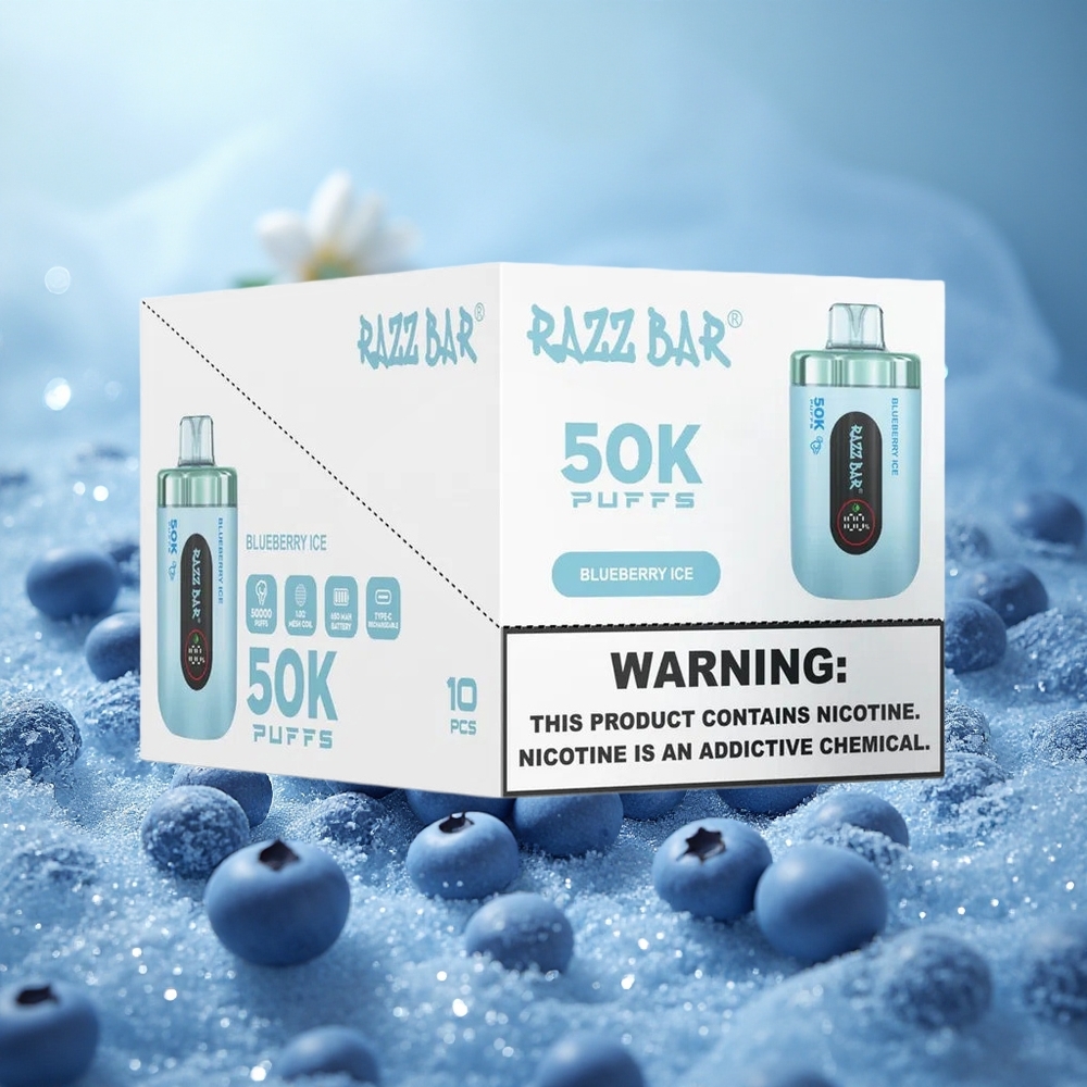 Mustikka-Jää Razz Bar 50K Suudelmaa Tyhjennettävä Vape 1.0 Ohm Mesh Käämi ja Type-C Lataus