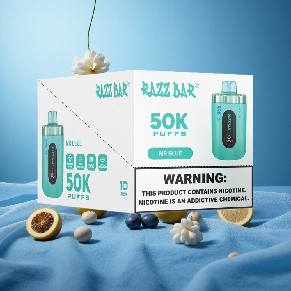 Sininen Razz Bar 50K Pussit Kertakäyttöiset sähkötupakat 1.0 Ohm Mesh ja 650 mAh Akku